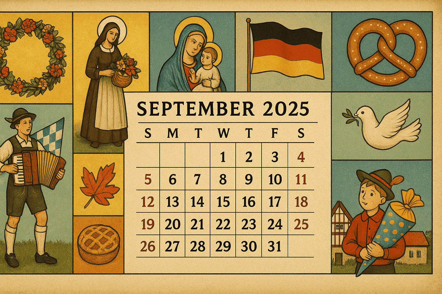 Täglicher Feiertagskalender für Deutschland im September 2025: Volks-, religiöse, staatliche und internationale Ereignisse. Alle Ereignisse für jeden Tag.