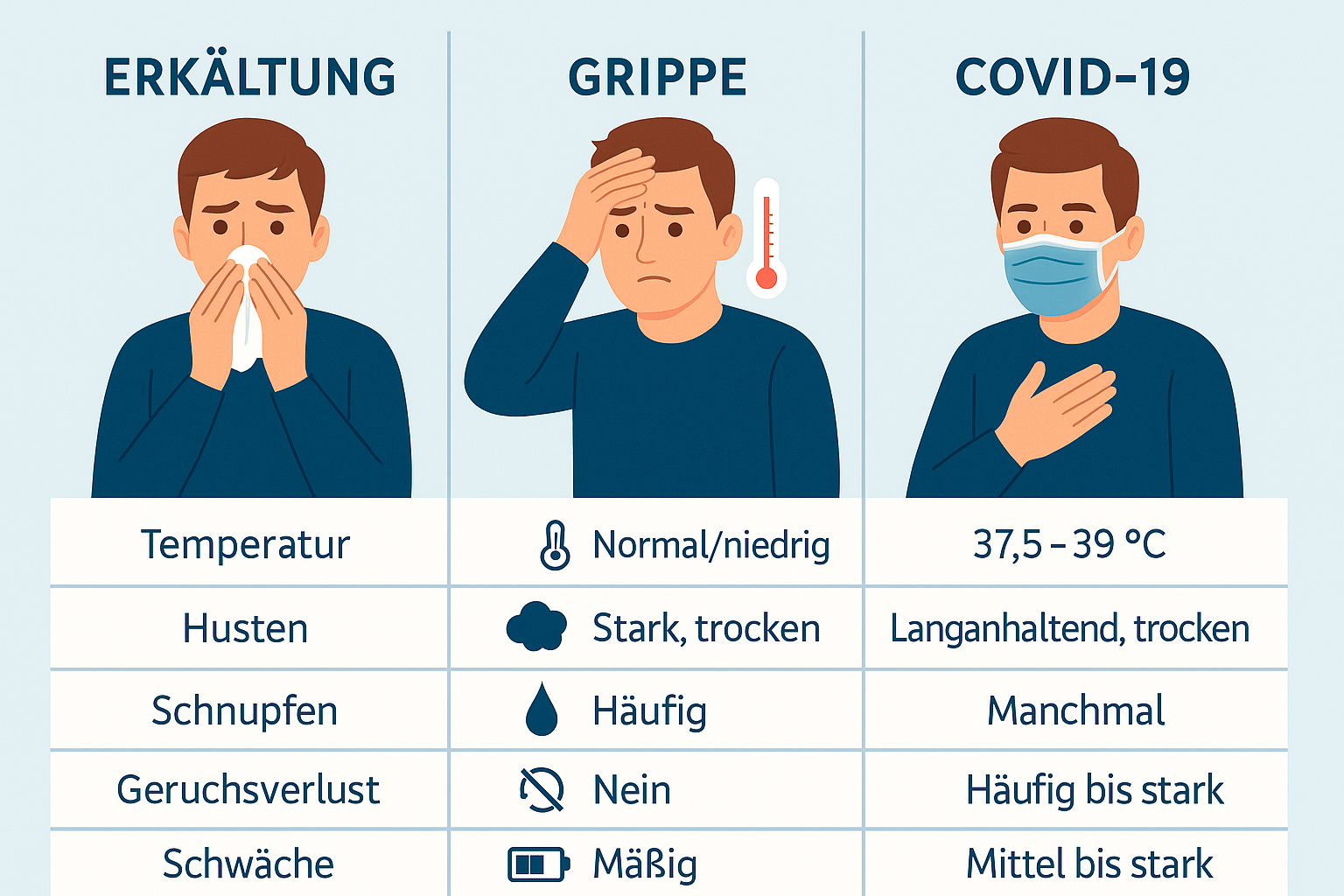 Unterschiede zwischen Erkältung, Grippe und COVID-19: Symptome, Behandlung und Prävention im Überblick. Praktische Tipps für eine schnelle Orientierung.