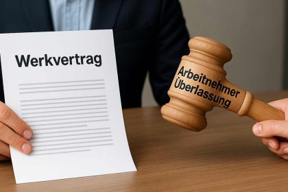 Vergleich von Werkvertrag und Arbeitnehmerüberlassung mit realistisch dargestellter Hand und Richterhammer