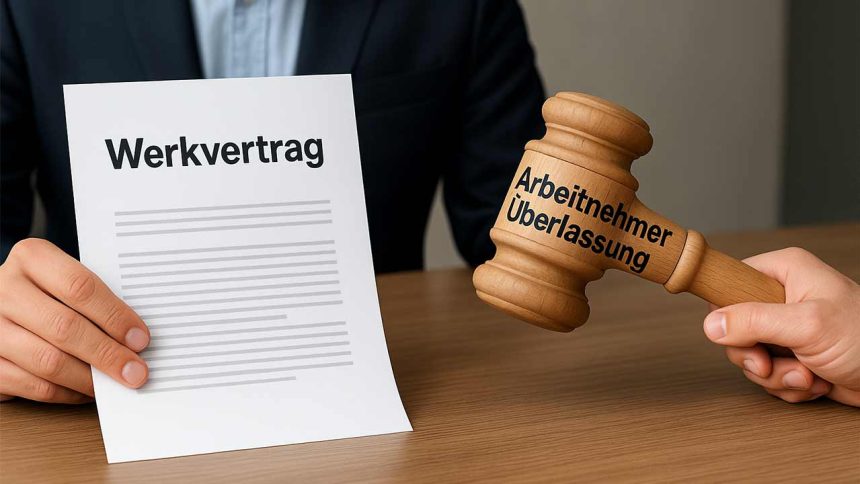 Vergleich von Werkvertrag und Arbeitnehmerüberlassung mit realistisch dargestellter Hand und Richterhammer