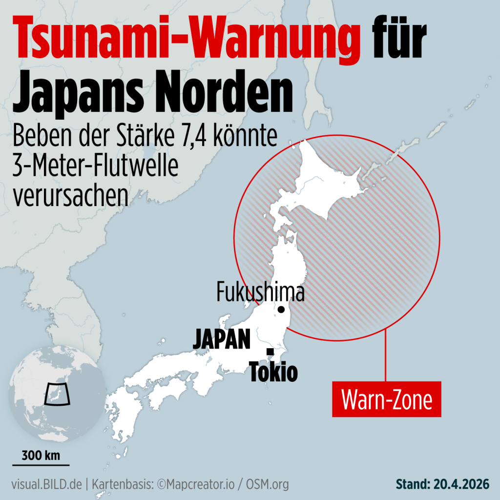 Tsunami-Alarm in Japan nach starkem Erdbeben: Behörden warnen vor 3-Meter-Wellen