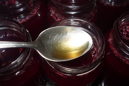 Gläser mit dunkelrotem Johannisbeer-Fruchtaufstrich, ein Löffel liegt darüber