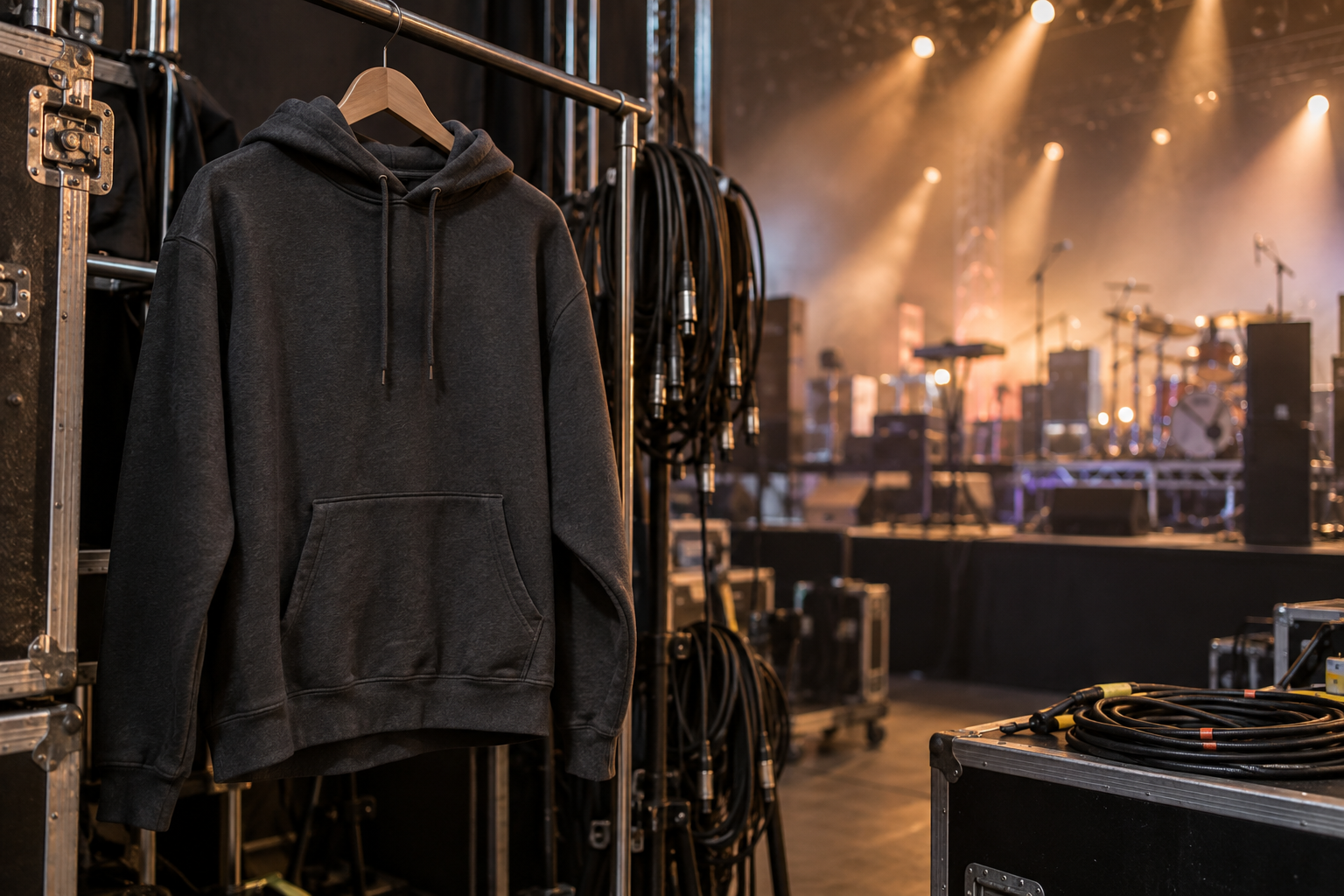 Dunkler Hoodie im Backstage-Bereich einer Konzertbühne